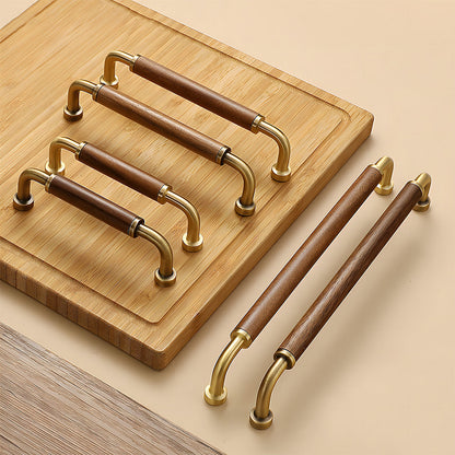 Two-tone wood and metal cabinet pull, presented for reference as a color and finish lineup