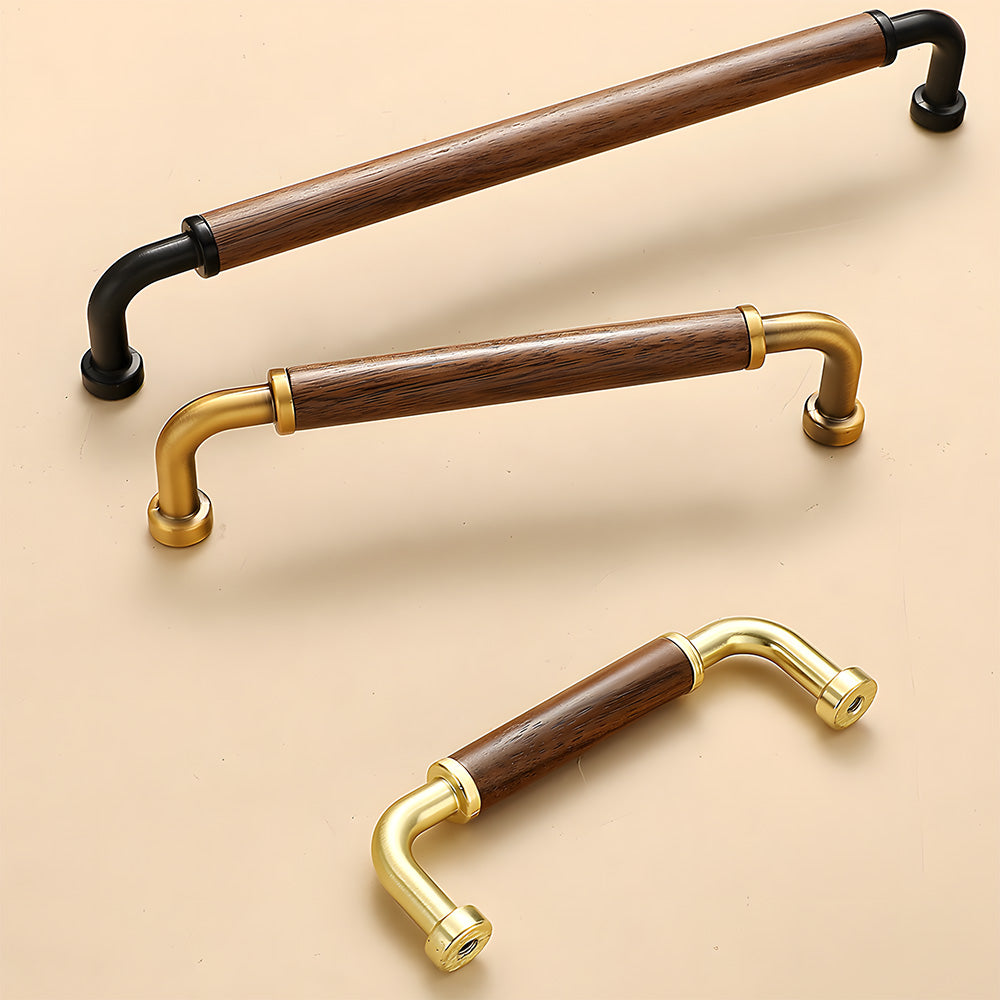 Two-tone wood and metal cabinet pull, shown at close range as a color and finish lineup