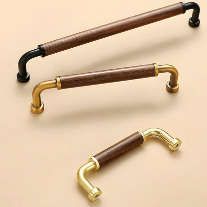 Two-tone wood and metal cabinet pull, shown at close range as a color and finish lineup