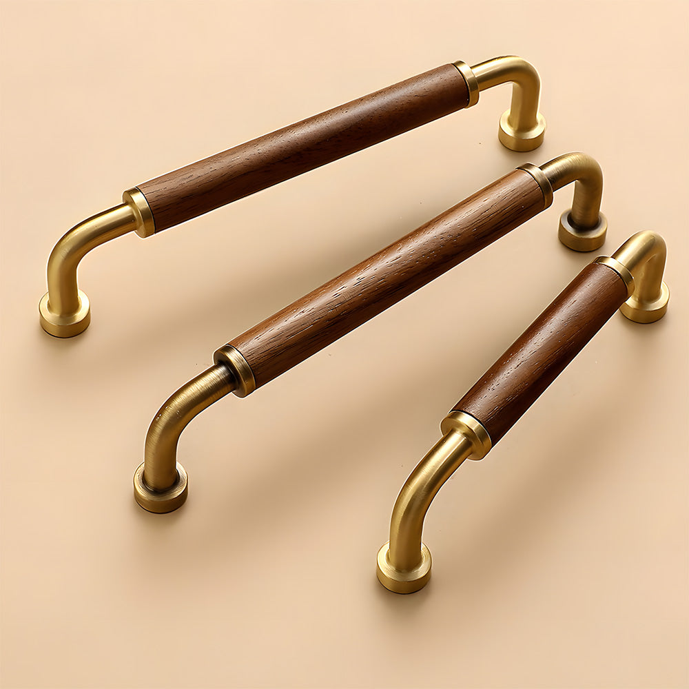 Two-tone wood and metal cabinet pull, displayed from the side as a color and finish lineup