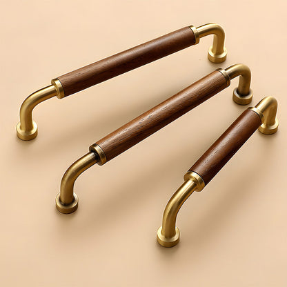 Two-tone wood and metal cabinet pull, displayed from the side as a color and finish lineup