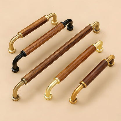 Two-tone wood and metal cabinet pull, shown in a focused view as a color and finish lineup