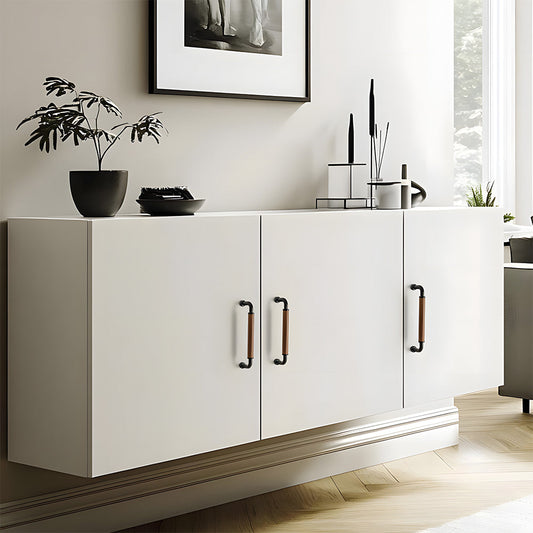 Black two-tone wood and metal cabinet pull, shown clearly installed on cabinetry in context