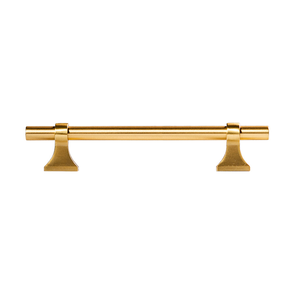 Vintage round bar cabinet pull with pedestal mounts, shown at close range on a clean neutral background