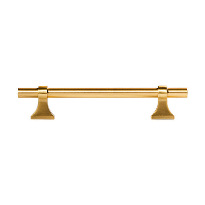 Vintage round bar cabinet pull with pedestal mounts, shown at close range on a clean neutral background