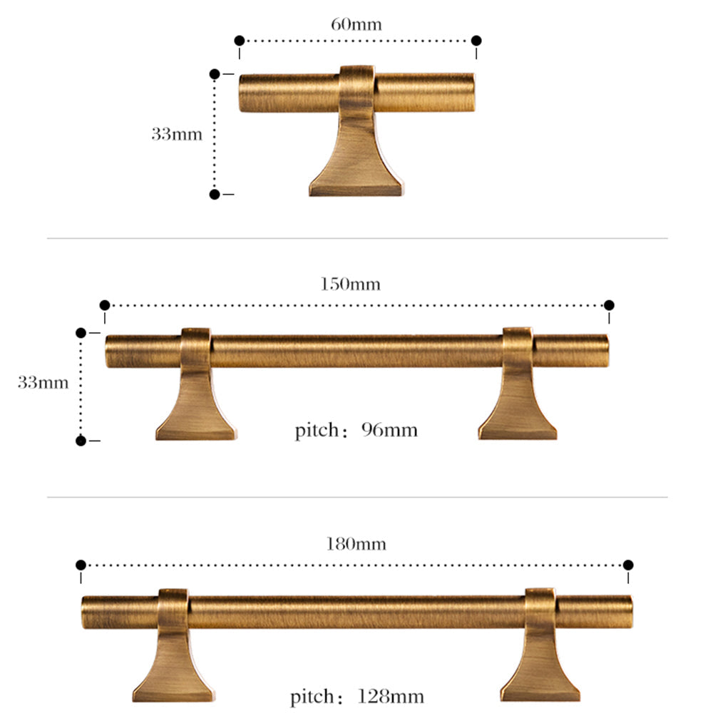 Vintage round bar cabinet pull with pedestal mounts, shown from one angle with dimensions and centers labeled