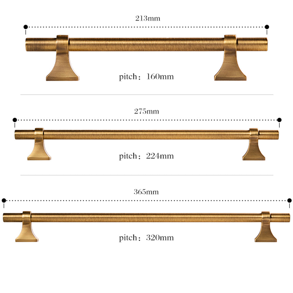 Vintage round bar cabinet pull with pedestal mounts, pictured in one view with dimensions and centers labeled