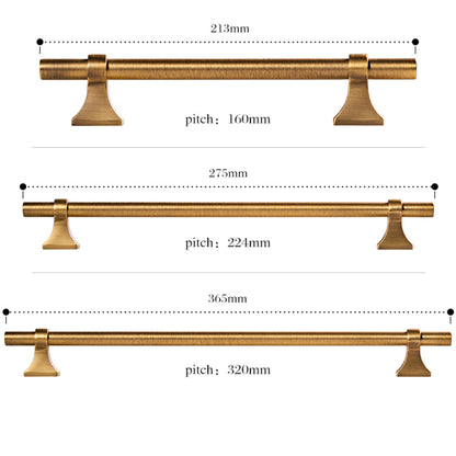 Vintage round bar cabinet pull with pedestal mounts, pictured in one view with dimensions and centers labeled