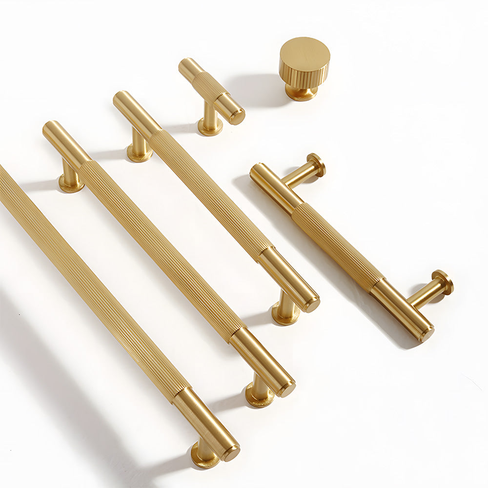 Lined aged-bronze brass T-bar cabinet pull and knob, presented for reference as a color and finish lineup