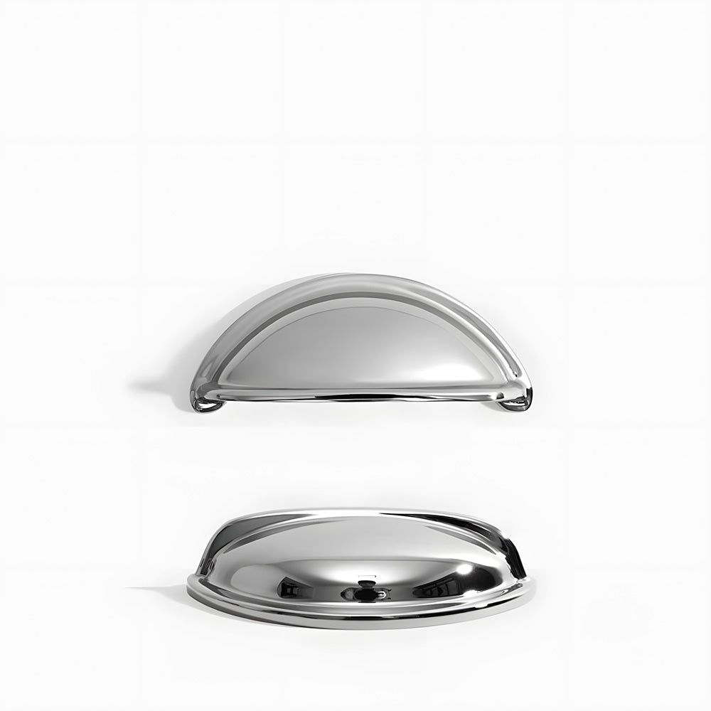Silver vintage shell brass cup pull and round knob, presented in another view on a clean neutral background
