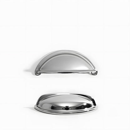 Silver vintage shell brass cup pull and round knob, presented in another view on a clean neutral background