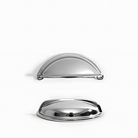 Silver vintage shell brass cup pull and round knob, presented in another view on a clean neutral background