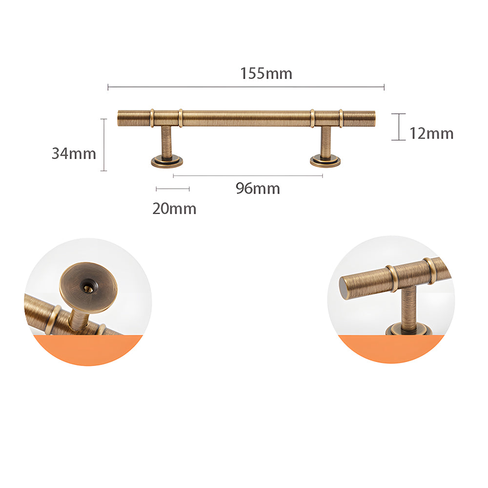 Vintage brass T-bar cabinet pull and round knob, shown clearly with dimensions and centers labeled
