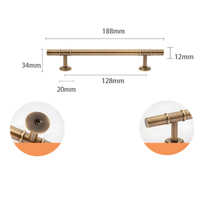 Vintage brass T-bar cabinet pull and round knob, shown from one angle with dimensions and centers labeled