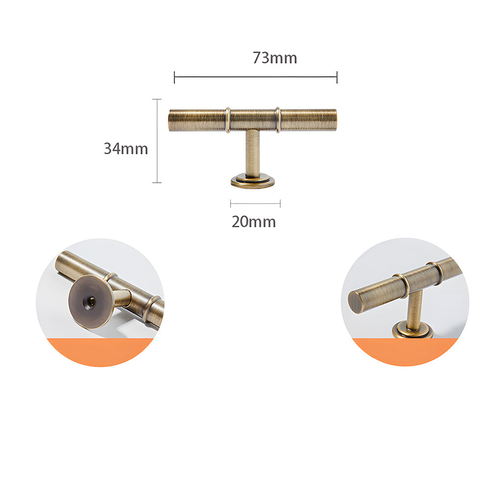 Vintage brass T-bar cabinet pull and round knob, presented for reference with dimensions and centers labeled