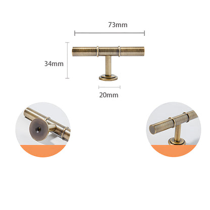 Vintage brass T-bar cabinet pull and round knob, presented for reference with dimensions and centers labeled