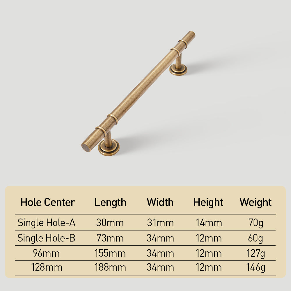 Vintage brass T-bar cabinet pull and round knob, shown at close range with dimensions and centers labeled