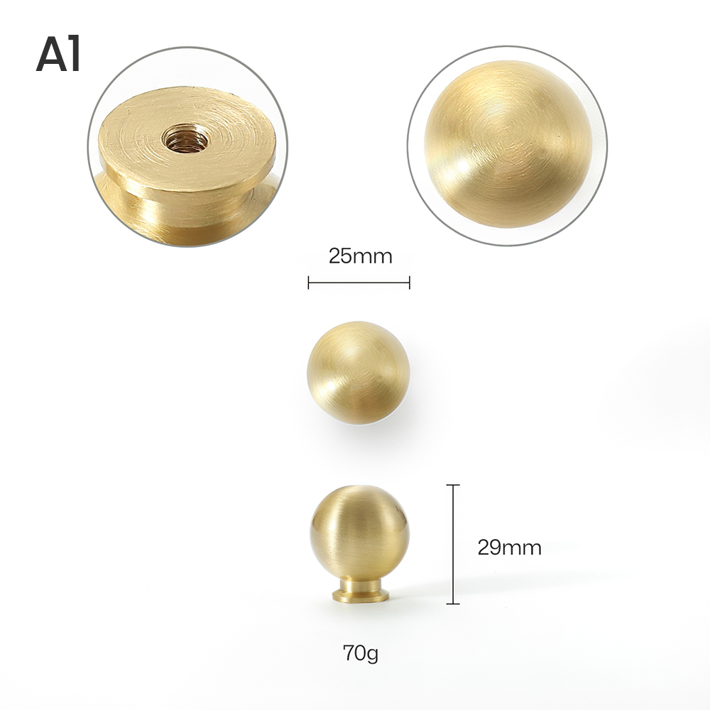 Vintage turned brass cabinet pull and round knob, shown clearly with dimensions and centers labeled