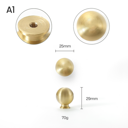Vintage turned brass cabinet pull and round knob, shown clearly with dimensions and centers labeled