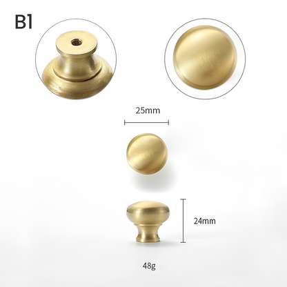 Gold vintage turned brass cabinet pull and round knob, shown from one angle with dimensions and centers labeled