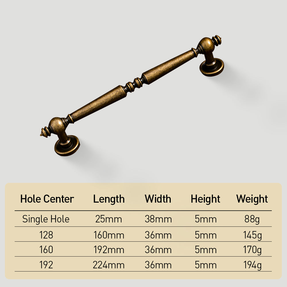 Vintage turned brass cabinet pull and round knob, shown clearly with dimensions and centers labeled