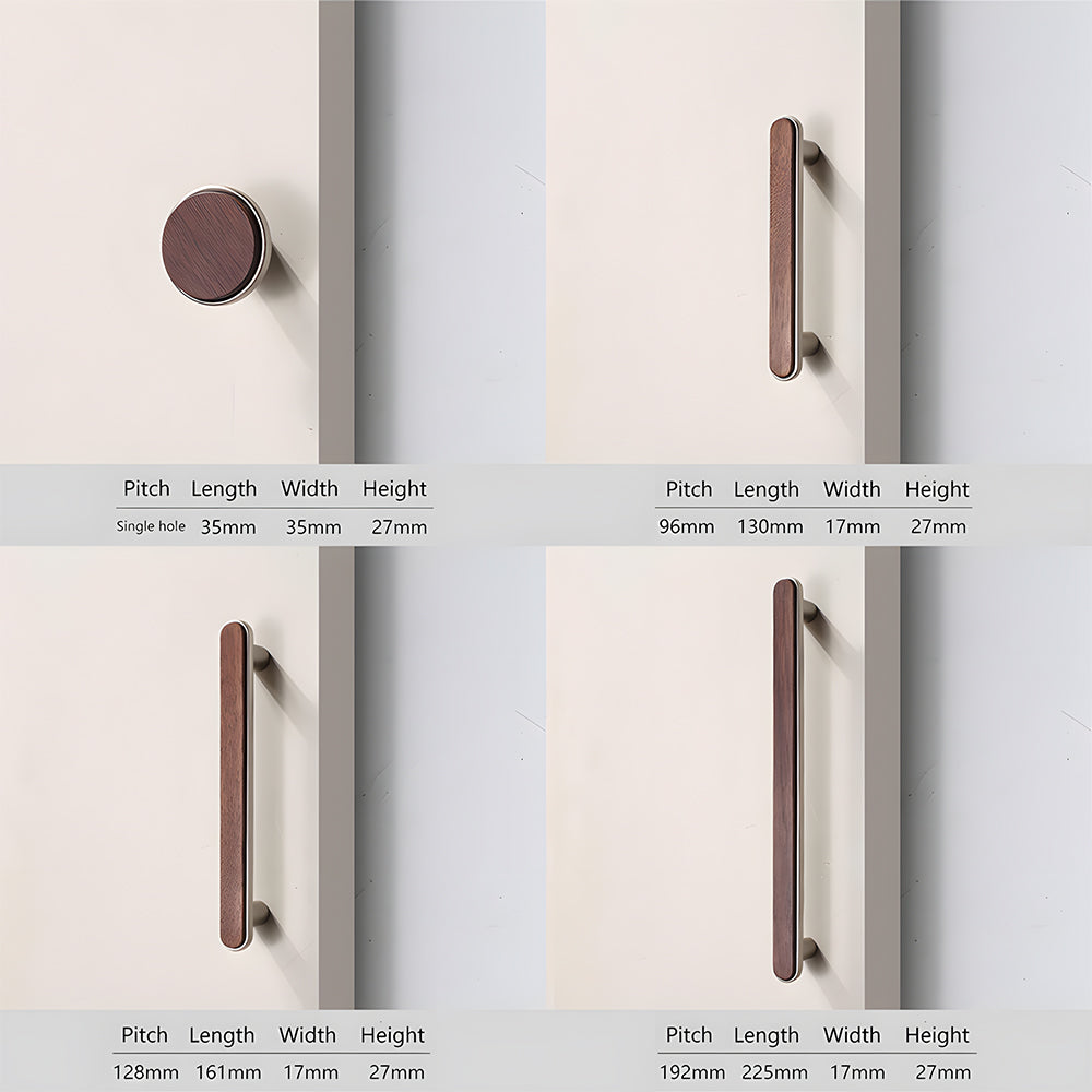 Walnut wood inlay cabinet pull with a silver-toned frame, dimension diagram showing its overall size and hole spacing