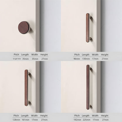 Walnut wood inlay cabinet pull with a silver-toned frame, dimension diagram showing its overall size and hole spacing