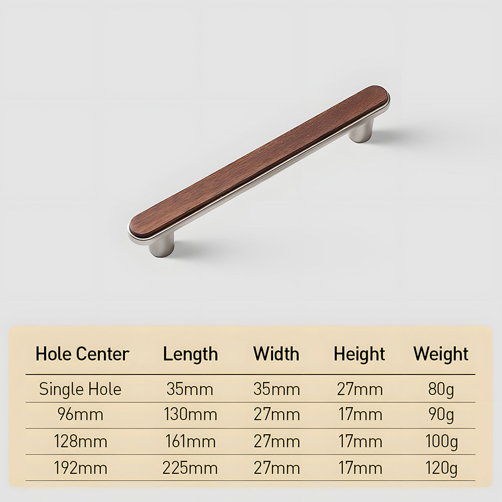 Walnut wood inlay cabinet pull with a silver-toned frame, measurement diagram showing length, width, and projection