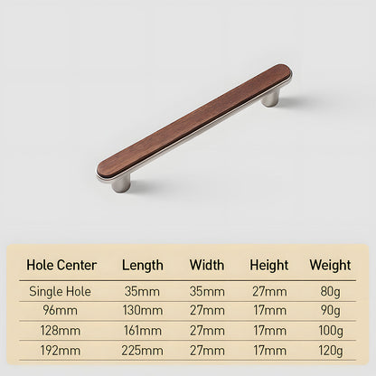 Walnut wood inlay cabinet pull with a silver-toned frame, measurement diagram showing length, width, and projection