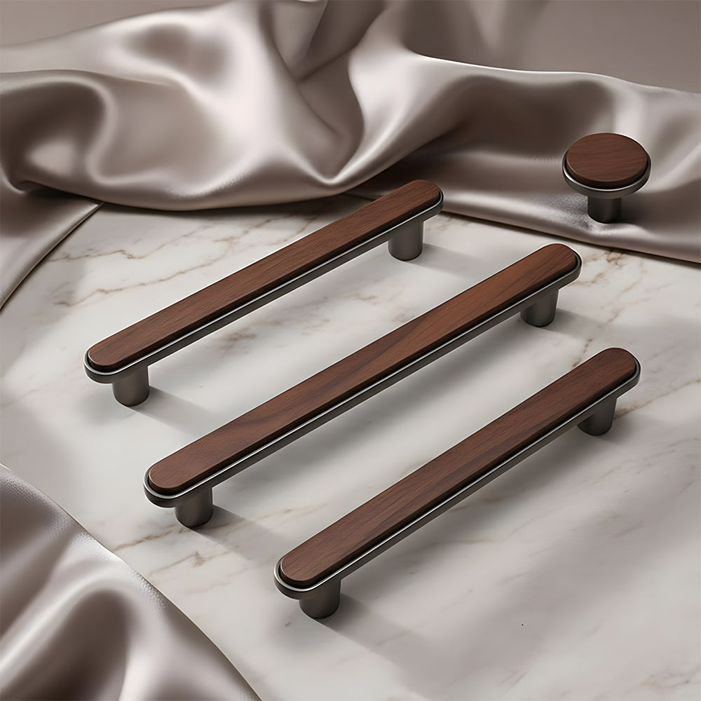 Walnut wood inlay cabinet pull with a silver-toned frame, shown as a mixed lineup of related hardware pieces