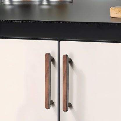 Walnut inlay cabinet pull in gray with 96 mm centers, installed on light cabinet doors with the profile visible
