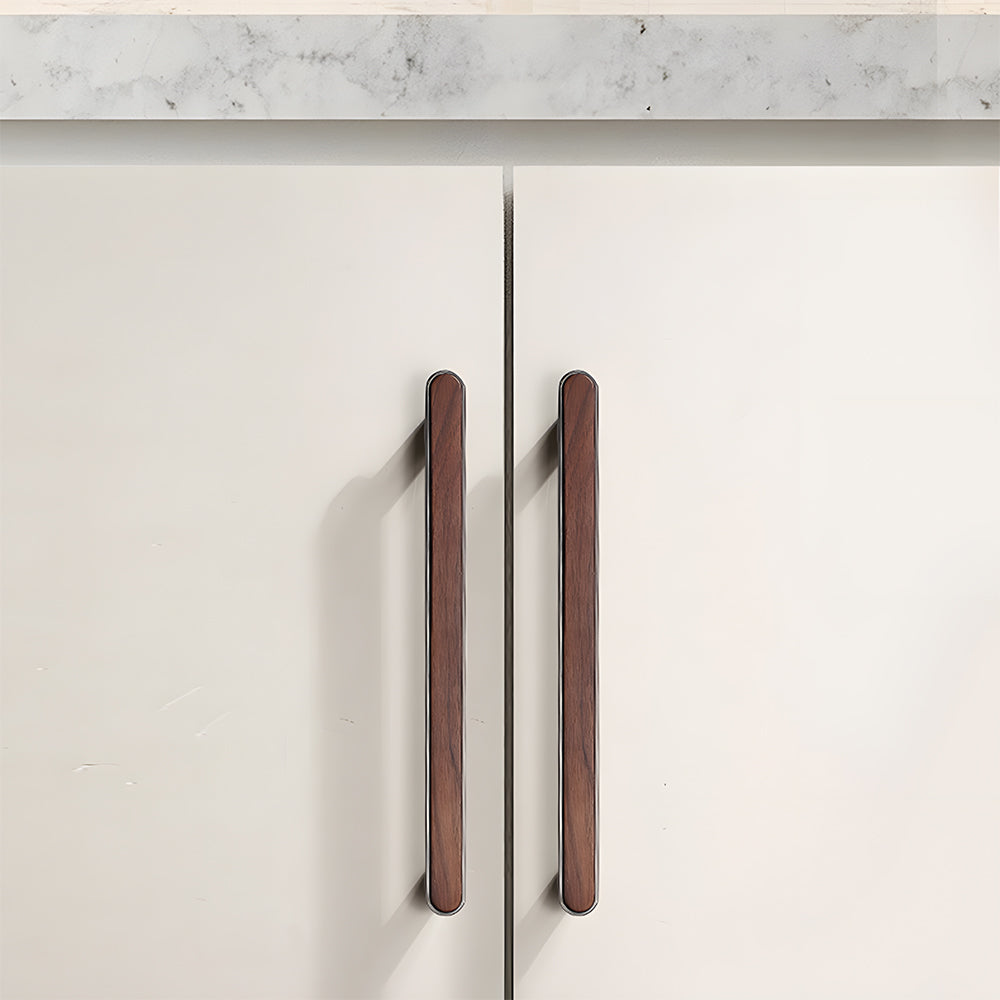 Walnut inlay cabinet knob with a silver-toned frame in gray with 192 mm centers, shown installed on a cabinet front