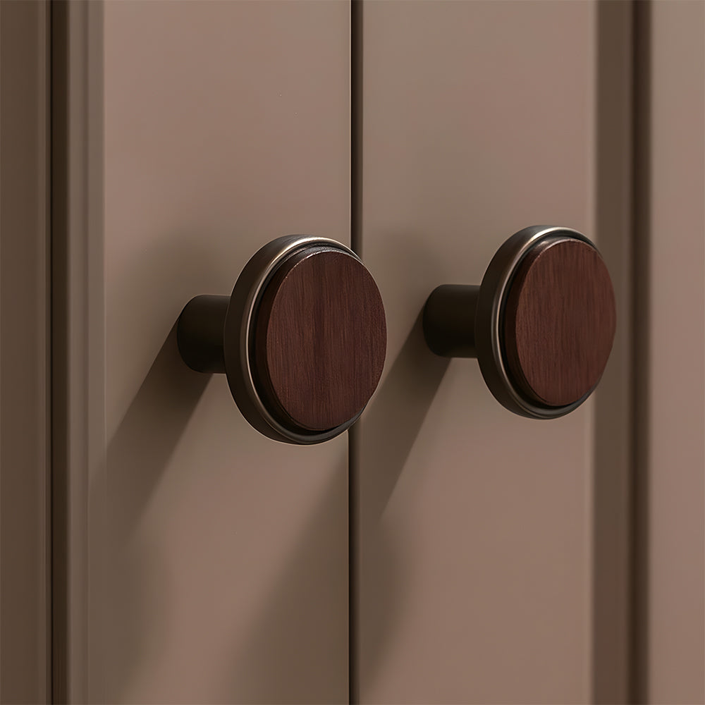 Walnut inlay cabinet knob with a silver-toned frame, shown in a close view of the wood face and short base