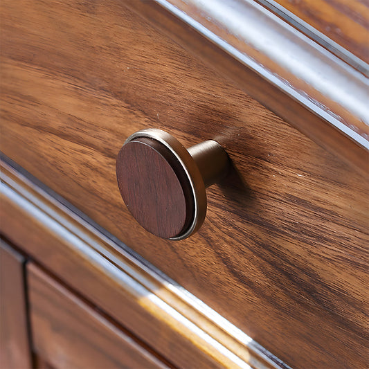 Walnut inlay cabinet knob with a silver-toned frame as a silver single-hole version, shown alone on a light background