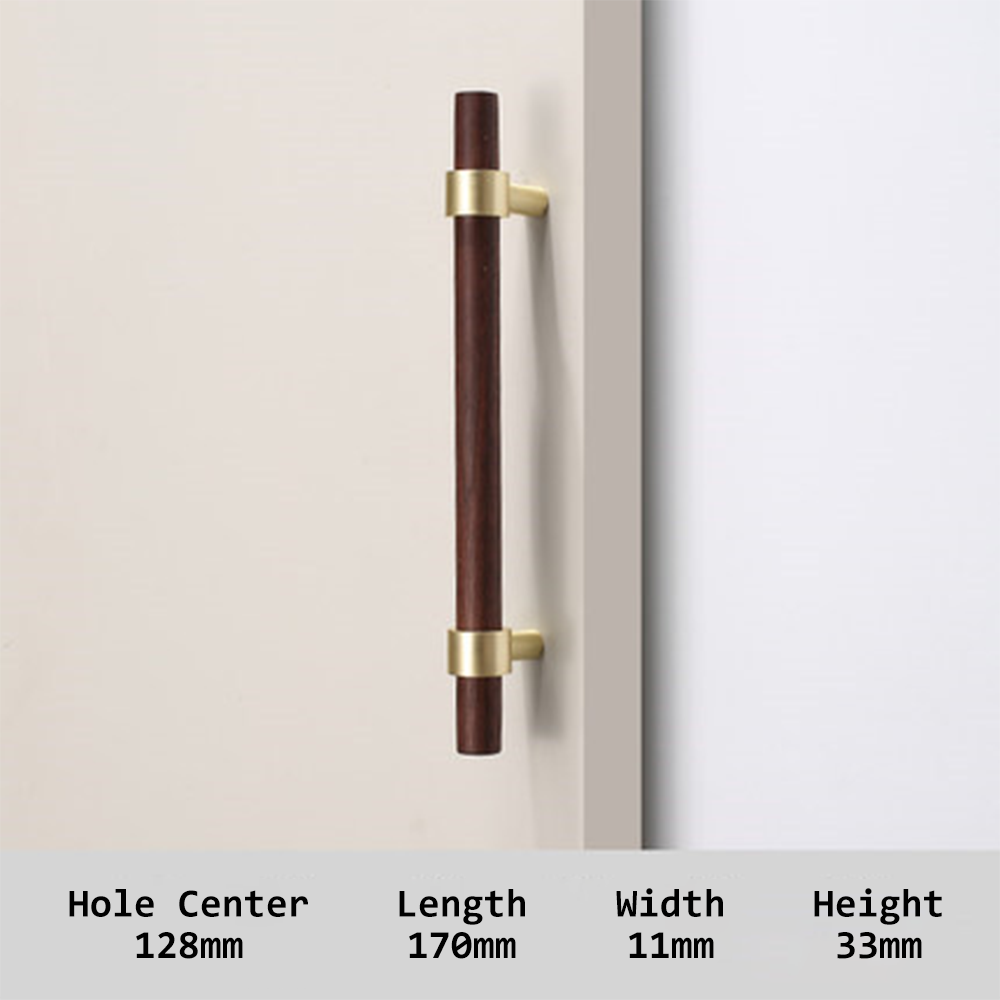 Walnut or beech wood cabinet pull with brushed brass bases, measurement diagram showing length, width, and projection