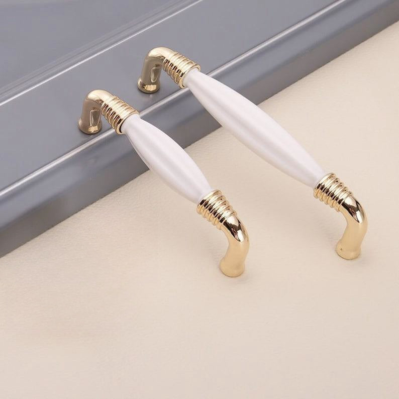 Comforsyco White Ceramic Cabinet Pulls and Knobs, Gold / Black Options