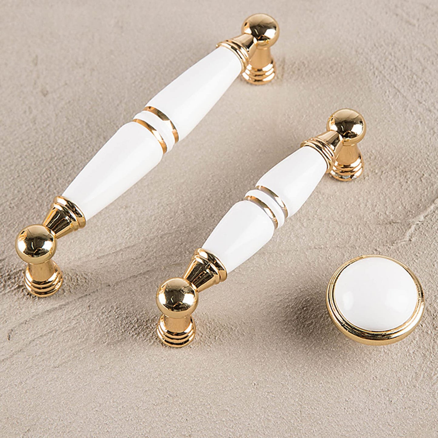 Comforsyco White Ceramic Cabinet Pulls and Knobs, Gold / Black Options