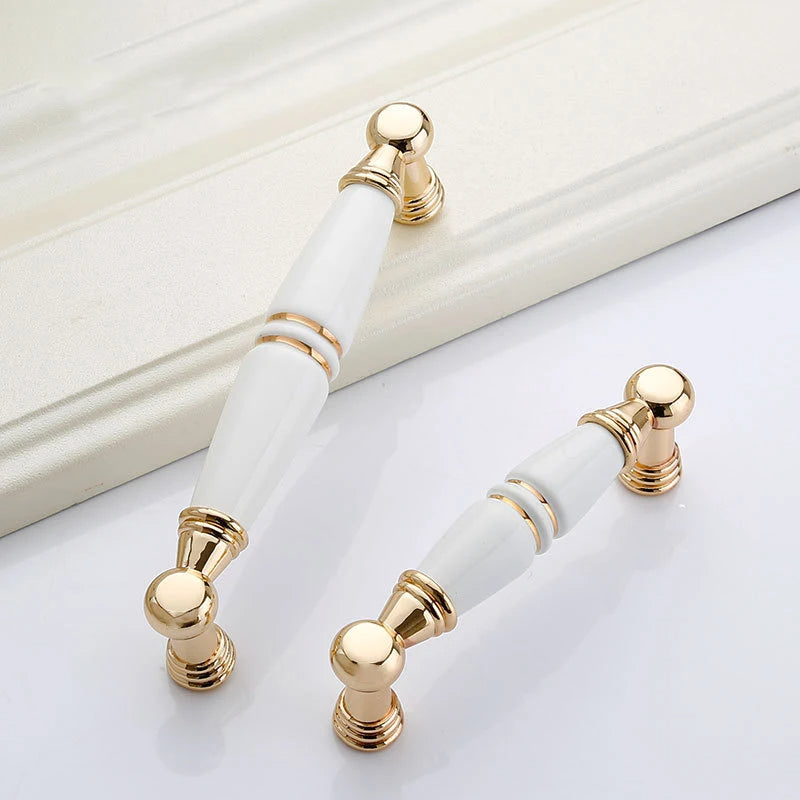 Comforsyco White Ceramic Cabinet Pulls and Knobs, Gold / Black Options