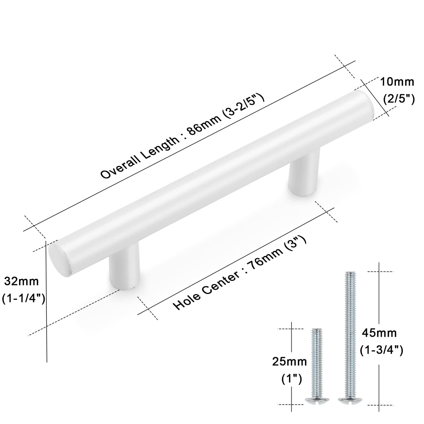 Comforsyco White Stainless Steel T-Bar Cabinet Pulls and Drawer Handles
