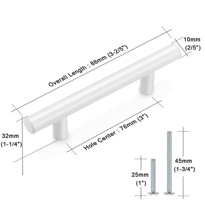 Comforsyco White Stainless Steel T-Bar Cabinet Pulls and Drawer Handles
