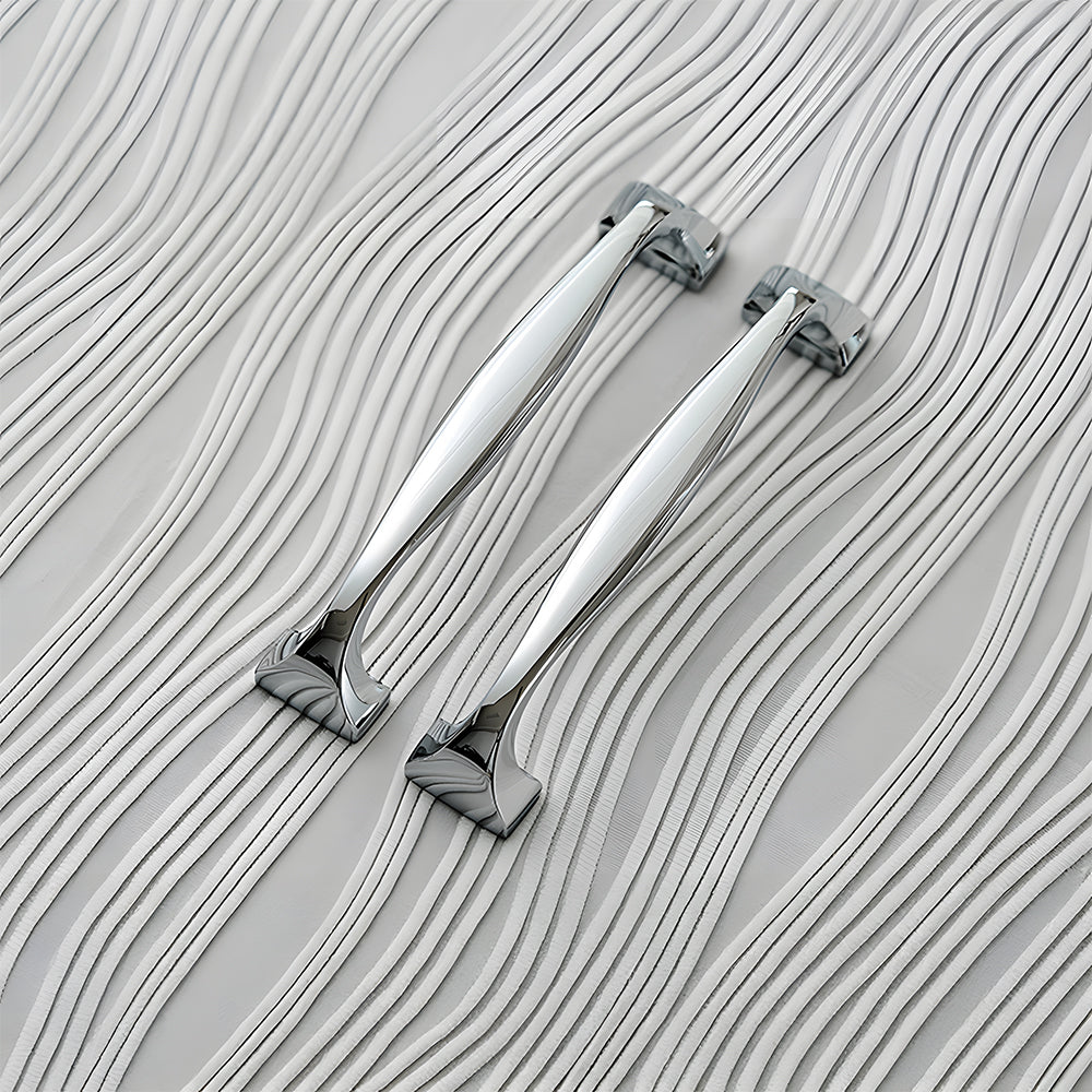 Wide arched brass cabinet pull with flared square ends, presented in another view as a color and finish lineup