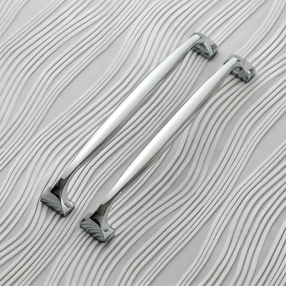 Wide arched brass cabinet pull with flared square ends, shown clearly with available finishes visible