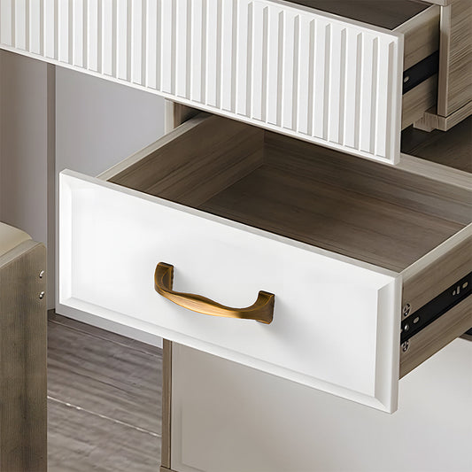 Wide arched brass cabinet pull with flared square ends, shown clearly installed on cabinetry in context