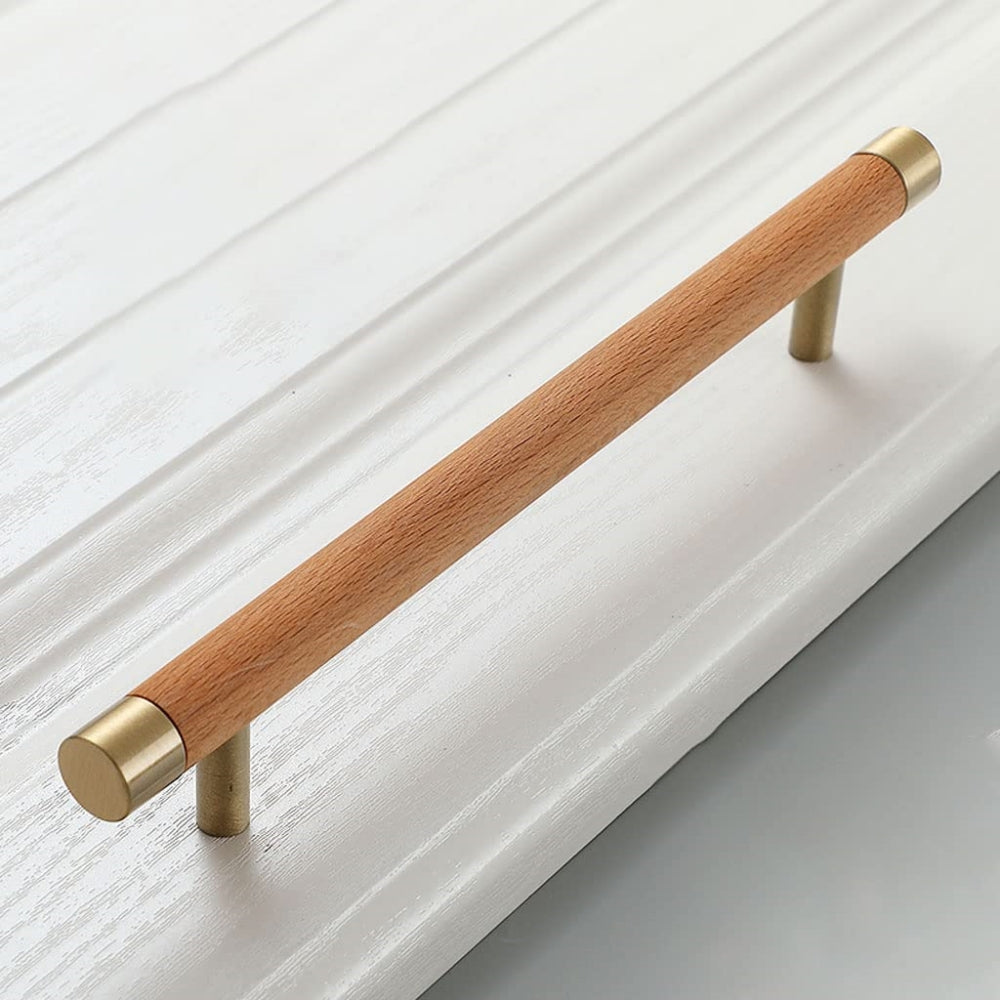 Wood cabinet handle with brass end caps, shown as a single product on a white background