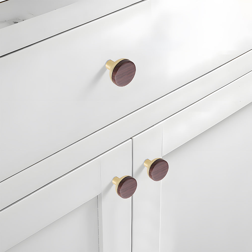 Rounded wood cabinet knob with a metal base, shown alone on a light background, with its short base visible