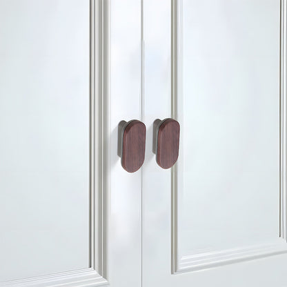 Wood-grain cabinet pull, mounted as matching hardware on double cabinet doors, with the finish clearly visible