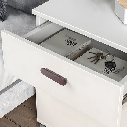 Wood-grain cabinet pull in brown wood with a gray base with 96 mm centers, installed horizontally on a drawer front