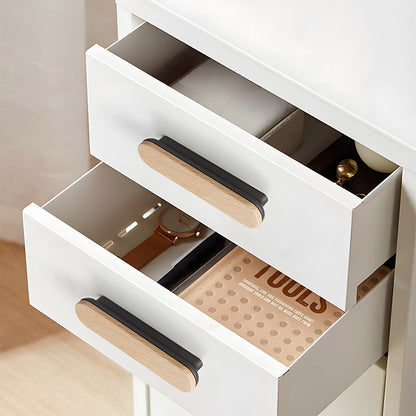 Wood-grain cabinet pull in light wood with a gray base with 96 mm centers, shown in use on a pulled-open drawer