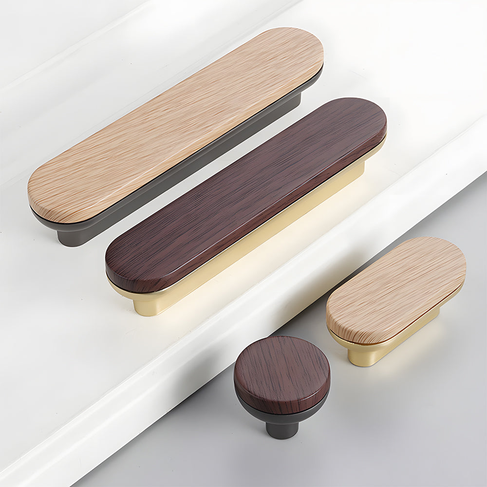 Wood-grain cabinet pull with a rounded metal base, shown as a mixed lineup of related hardware pieces