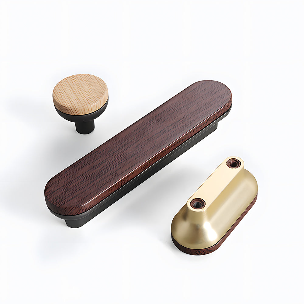 Wood-grain cabinet pull with a rounded metal base, shown together in a compact version comparison